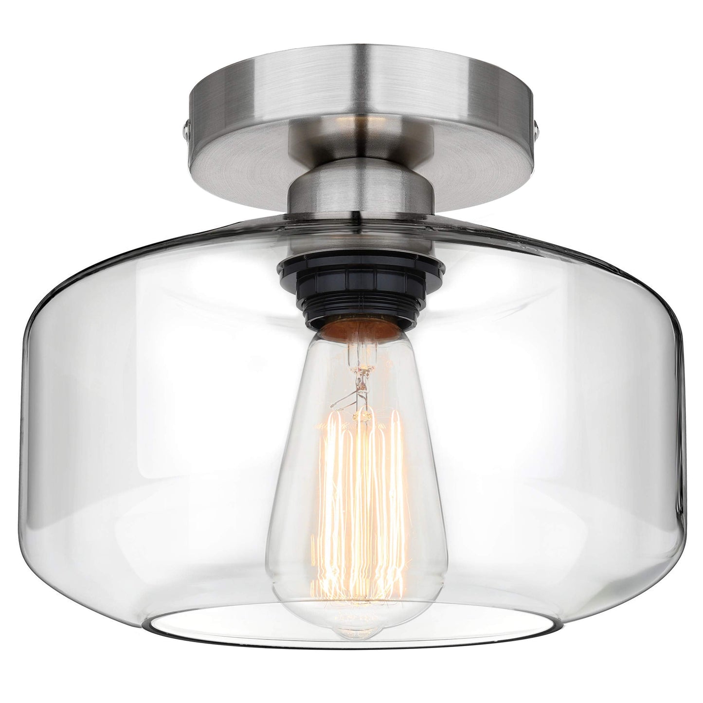 MAXvolador Industrial Semi Flush Mount Ceiling Light Brushed Nickel, Clear Glass Pendant Lamp Shade Farmhouse Lighting Hallway, Hanging Light Fixture