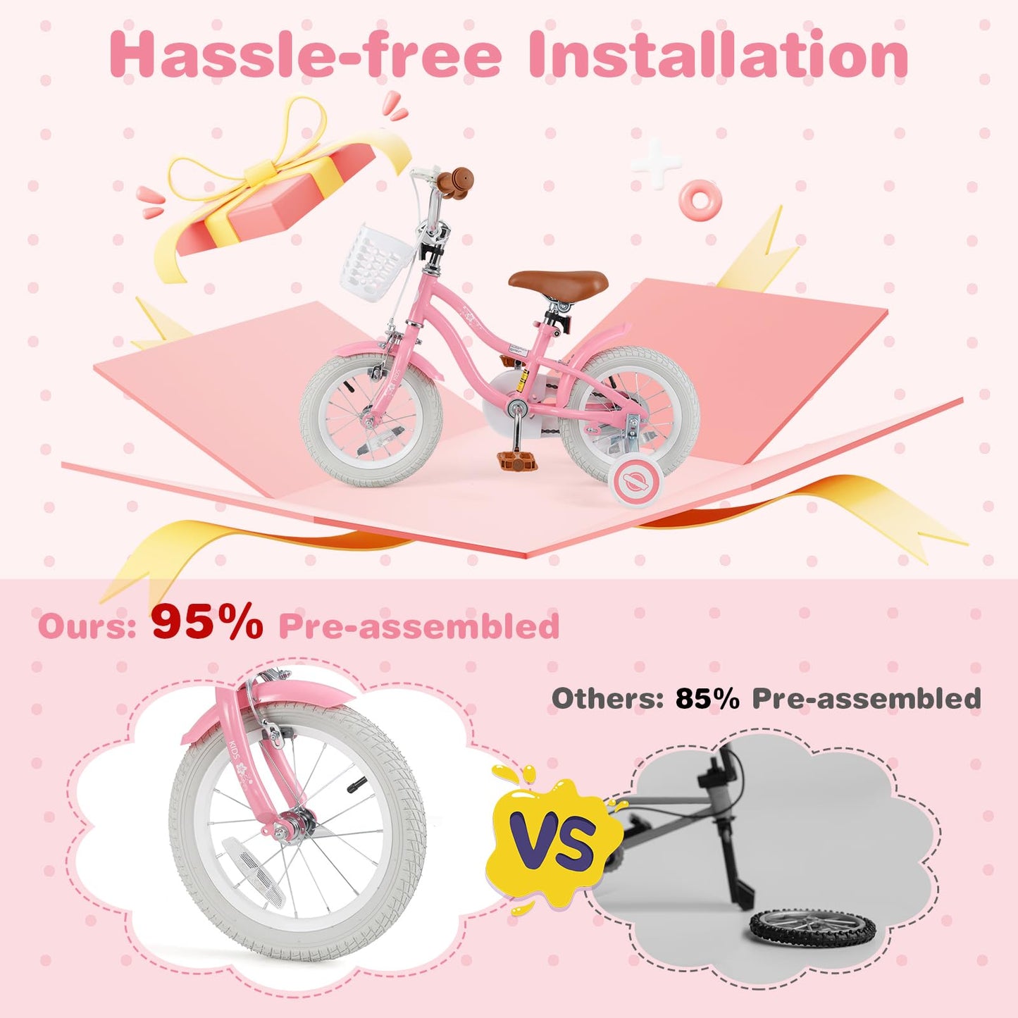 BABY JOY Kids Bike, 12 Inch Boys Girls Bike w/Adjustable Seat, Basket, Handbrake Coaster Brake, Training Wheels or Kickstand, Kids Bicycle with Multi-Color (Rose Red)