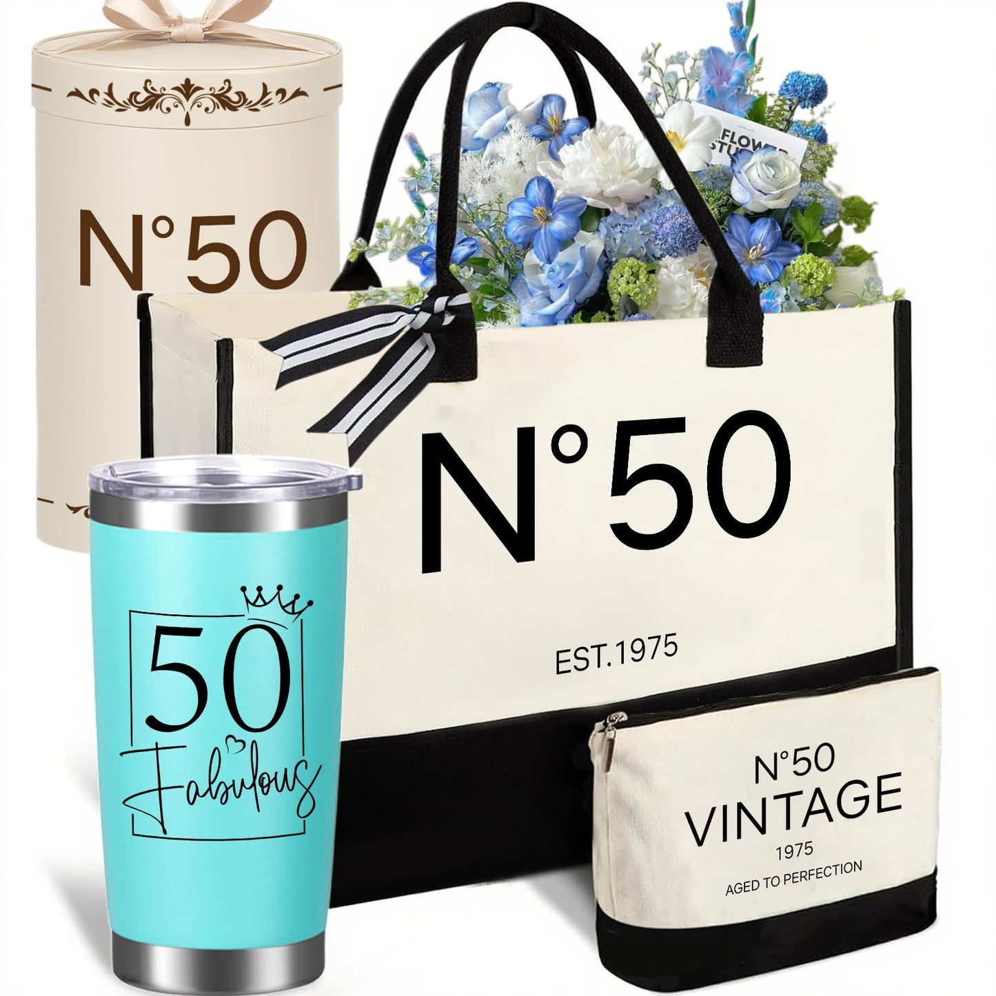 50th Birthday Gift Set for Women Her – No.50 Vintage 1975 Tote Bag, Makeup Bag & 20oz Tumbler – Elegant Birthday Present for 50th Years Old Mom, Wife, Sister, Friends