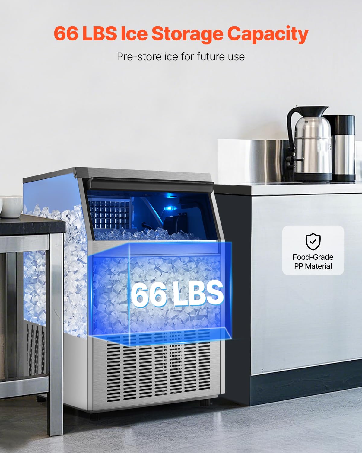 Vevor 160Lbs/24H Commercial Ice Maker Machine With Drain Pump, 66Lbs Storage Capacity Ice Maker, 80 Ice Cubes In 15 Minutes, Led