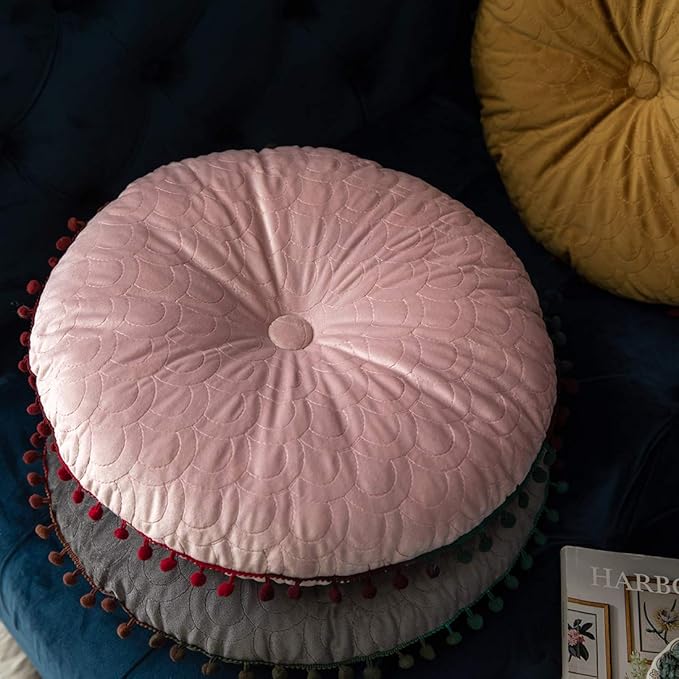 vctops Velvet Soft Round Chair Pads Cute Gradient Pom Pom Indoor Dining Chairs Cushion (Pink, Diameter 16")