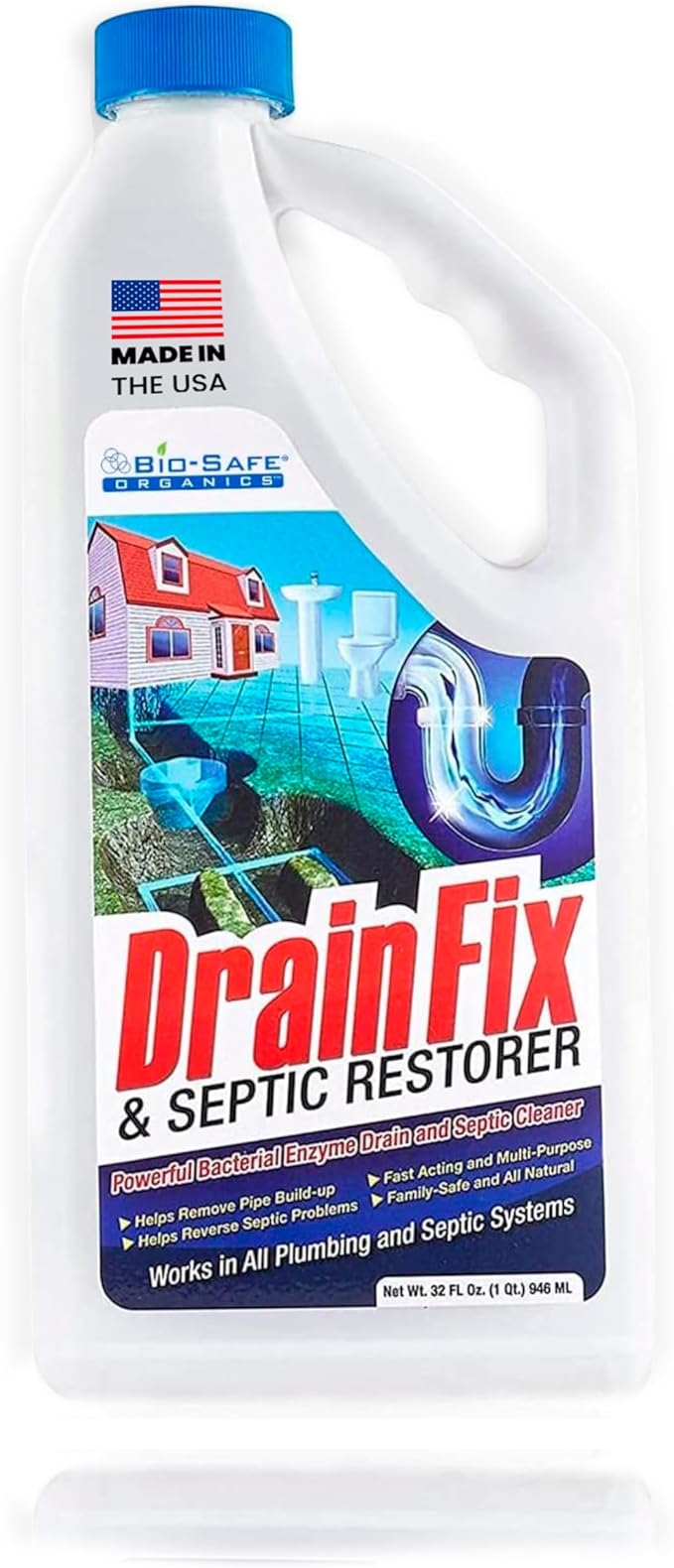 DrainFix & Septic Restorer – 32 oz Enzyme Septic Tank Treatment & Drainfield Restoration – Organic Drain Cleaner for Sewer Lines, RV & Home Plumbing – Safe for Pipes & Septic Systems