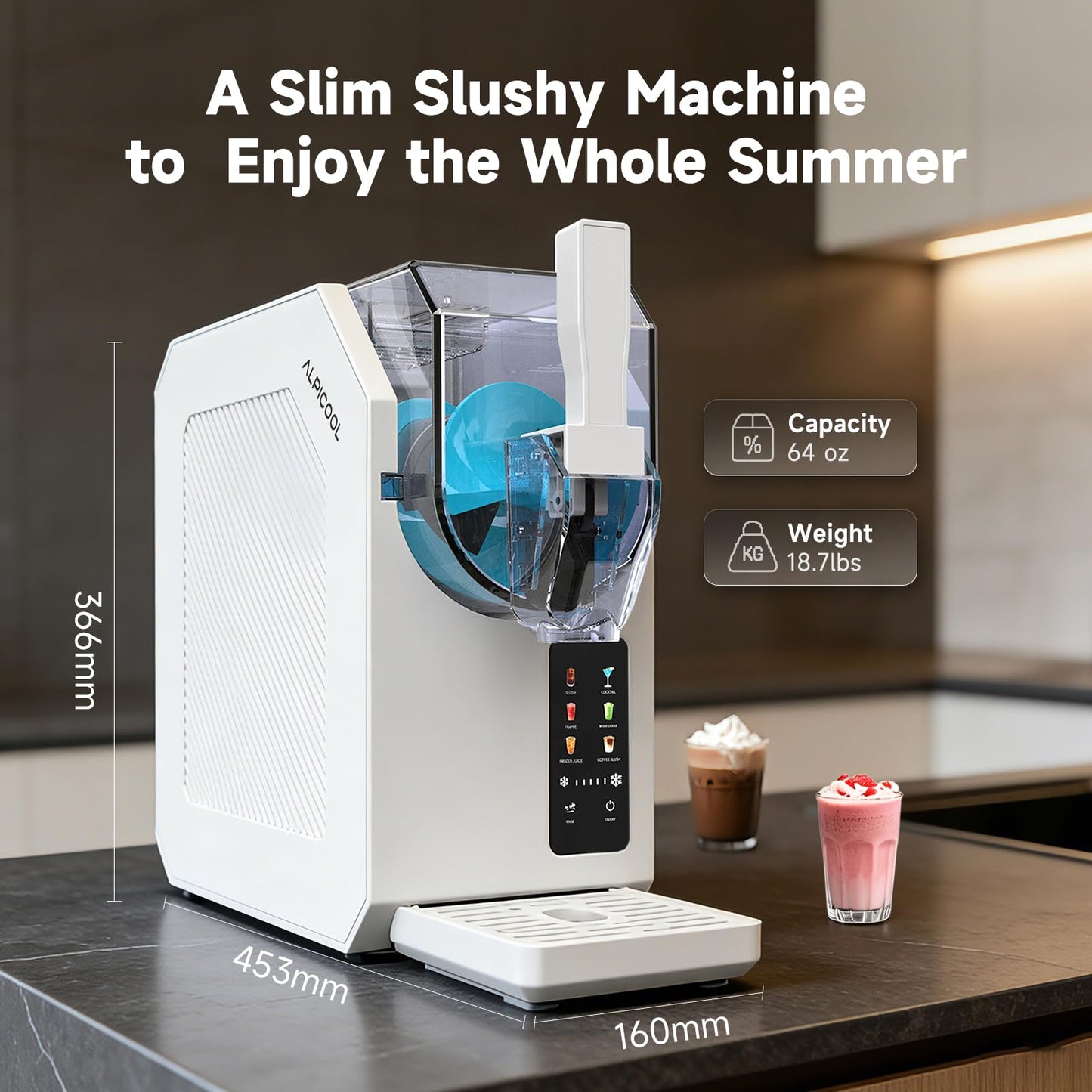 Alpicool Slushie Machine for Home 64 oz Slushy Machine Frozen Drink Maker with 6 Preset, No Ice Needed, Self-Cleaning Slushie Machine for Margaritas, Milkshakes, Frappes, Frozen Cocktails, LED Display