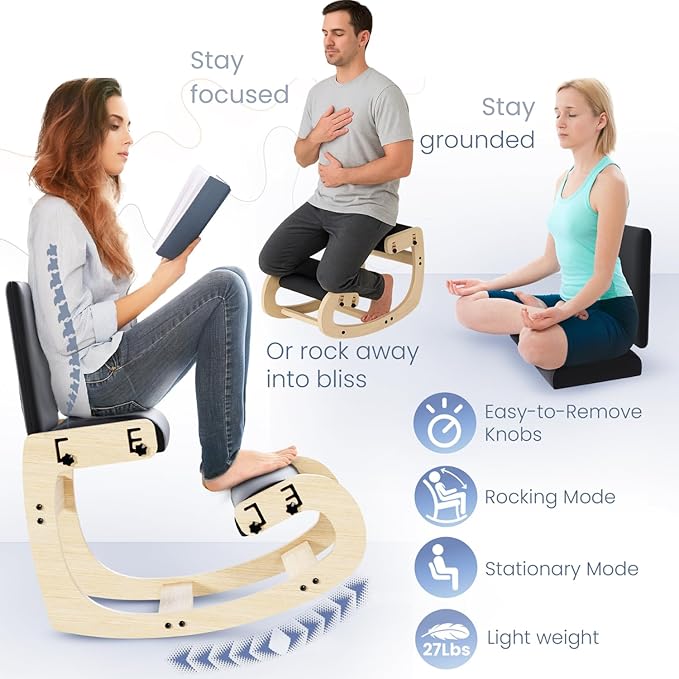 Mind Oasis Ergonomic Kneeling Chair with Back Support - Knee Chair Ergonomic for Office w/Upholstered Fabric - Adjustable Rocking Stationary Correcting Stool, Meditation Desk Stool for Better Posture