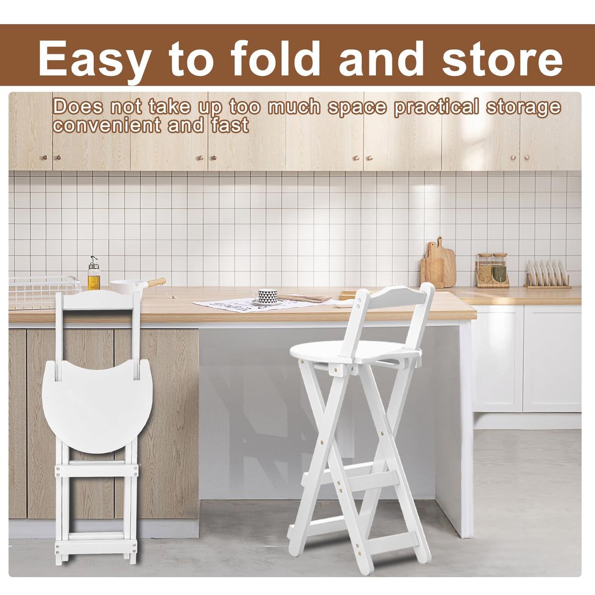 Yuxitia Folding Bar Stool - 24 inch Portable Wooden Counter Chair - Outdoor Shop Kitchen Restaurant Coffee Stool (White)