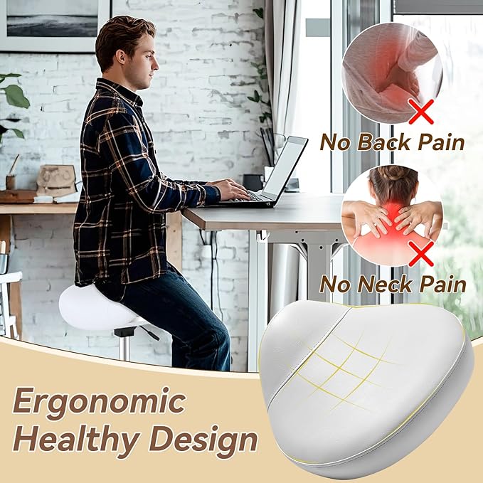 Saddle Stool with Wheels Ergonomic - Thick Wide Saddle Cushion, Healthy Posture No Pain, Easy to Adjust, Smooth Rolling No Creaky Noises, Rolling Swivel Saddle Stool Chair for Salon Massage (White)
