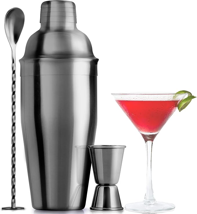 Large 24 oz Stainless Steel Cocktail Shaker Set - Mixed Drink Shaker - Martini Shaker Set with Built in Strainer, Double S...