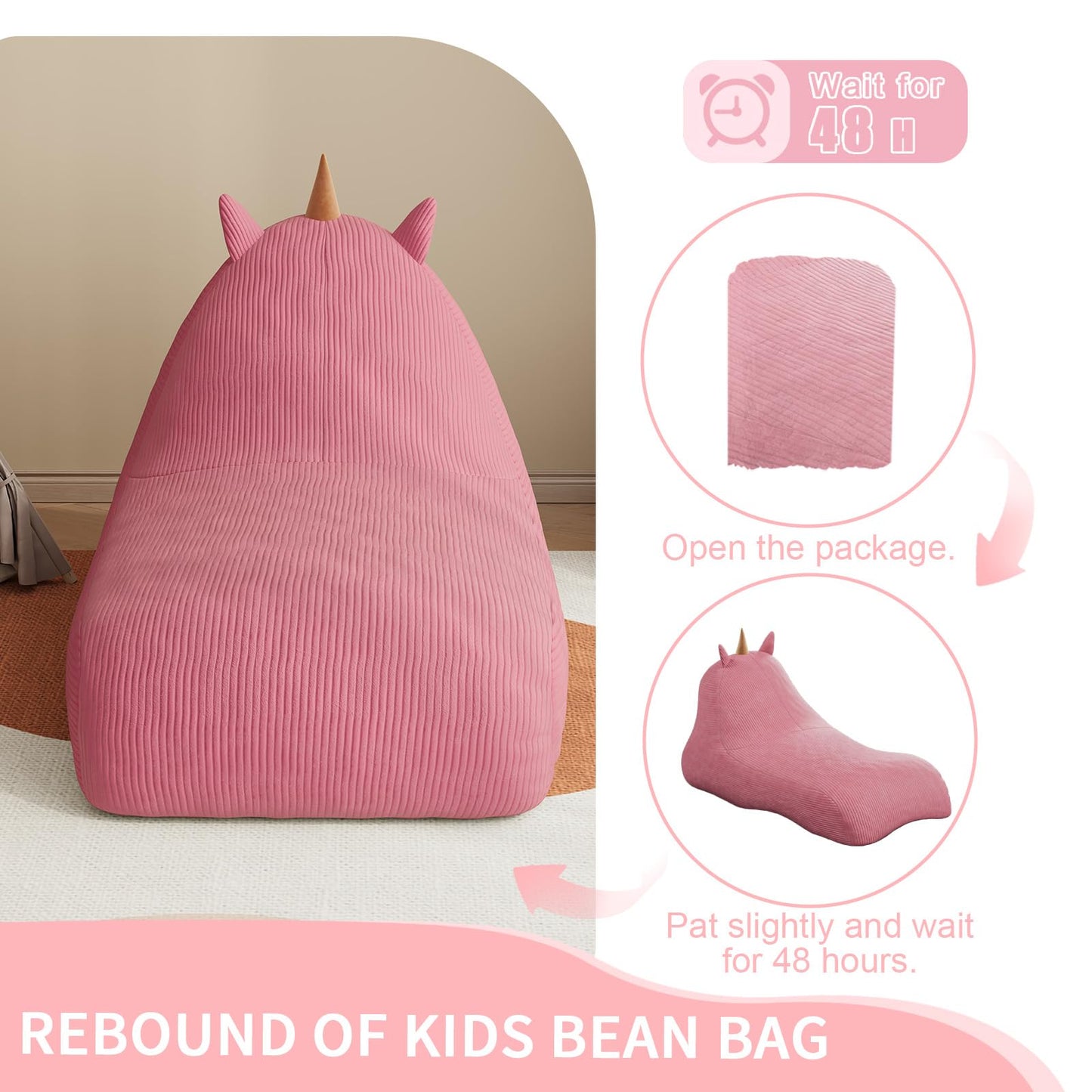 COMAX Bean Bag Chairs for Kids, Unicorn Kid Beanbag Chair with Filler, Toddler Lounge Bean Chair Corduroy, Lazy Floor Lounger for Girls and Boys Stuffed, Pink