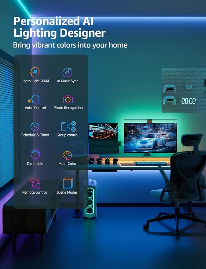 Lepro SE1 AI Smart LED Strip Lights - 65.6ft RGB Color Changing Light Strips with APP Control, AI Generated Lighting, Music Sync, 2.4GHz Wi-Fi & Bluetooth LED Lights for Home Decor (No Remote)
