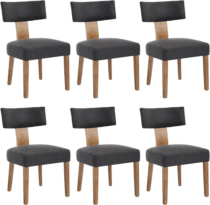 KHISCHMO Mid Century Modern Dining Chairs, Upholstered Linen Fabric Chairs with Curved Backrest and Wood Legs, Comfy Kitchen Vanity Chairs for Dining Room/Living Room/Kitchen, Set of 6 Grey