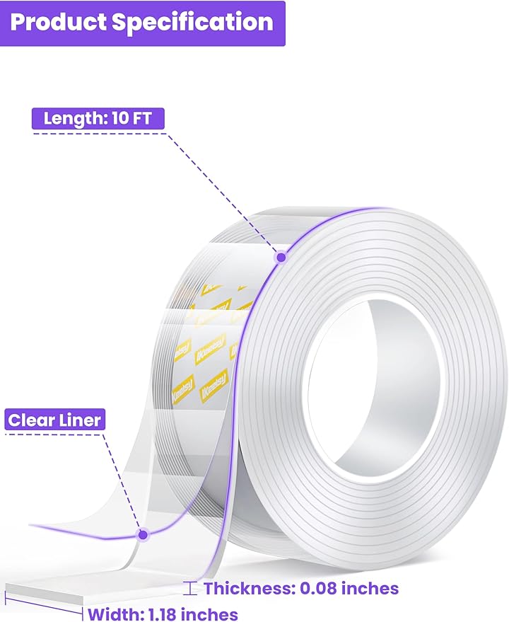 Upgraded Double Sided Tape Heavy Duty,Extra Large Nano Double Sided Adhesive Mounting Tape,Clear & Tough Sticky Poster Wall Tape ,1.18 x 120 In,Multipurpose Tape Picture Hanging Strips for Home Office