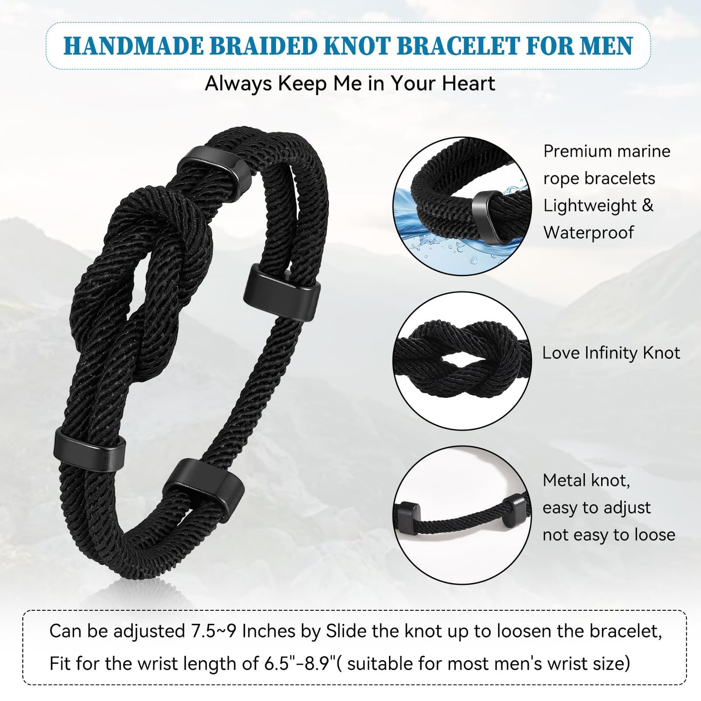 Love Knot Bracelet Gifs for Boyfriend - Handmade Braided Cord Rope Bracelets for Men,Black String Bracelet with Infinity Knot Anniversary Birthday Gifts for Him Teen Boyfriend from Girlfriend
