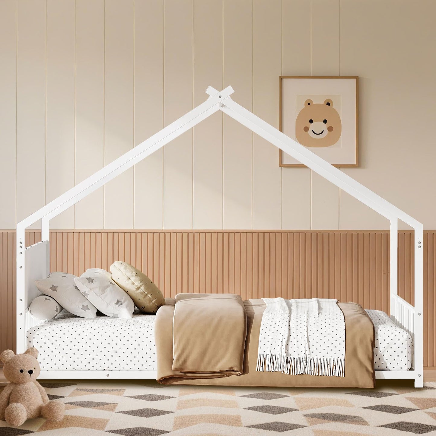 Osparple Twin Size Toddler Floor Bed with LED Light, Metal Montessori Bed Frame, Metal House Bed, Playhouse Floor Bed, Platform Bedframe with Headboard, Footboard and Slats Support for Boys and Girls