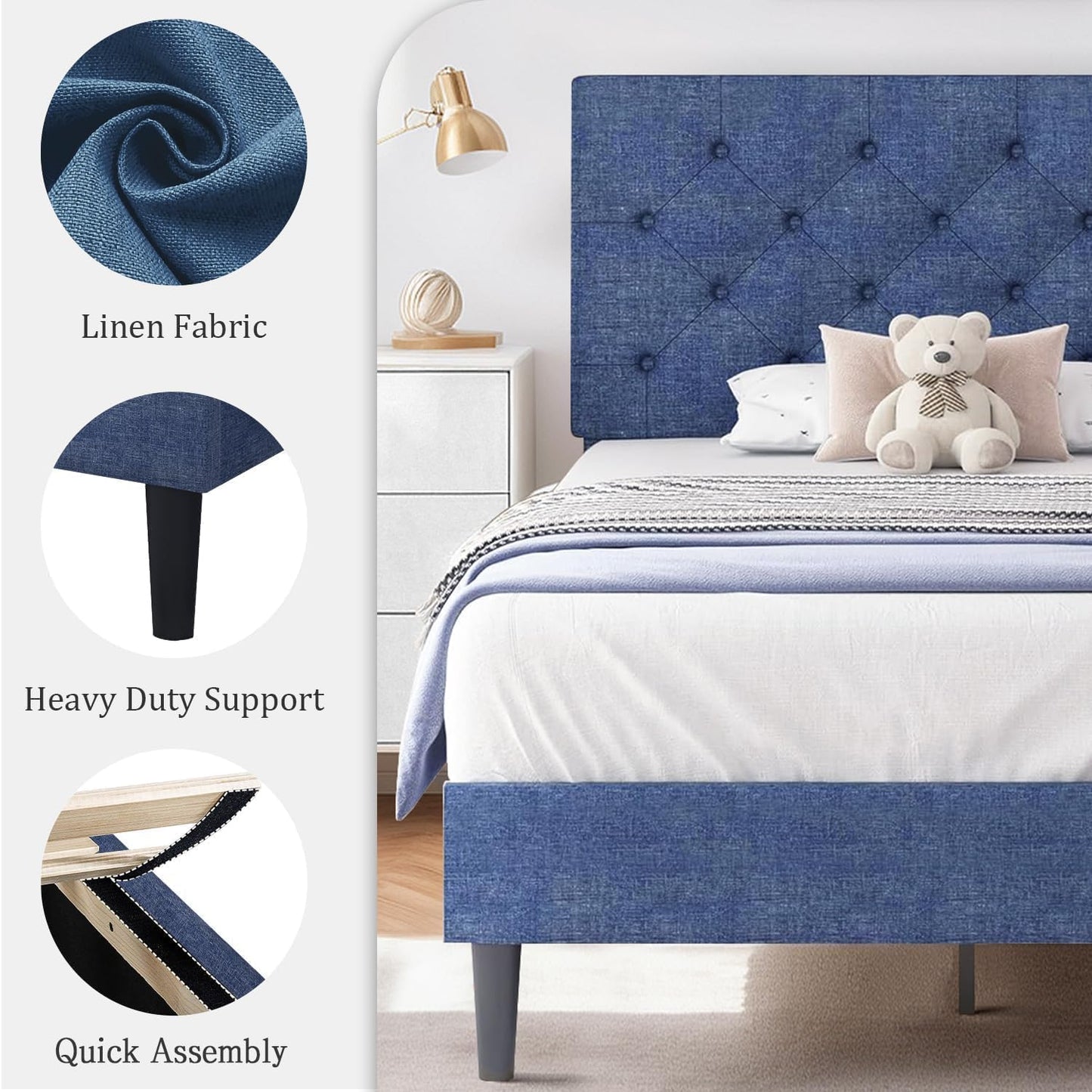 HOMBCK Twin Size Bed Frame with Adjustable Headboard, Blue Linen Fabric Upholstered Bed Frame for Kids, Strong Wood Slat Support, Button Tufted Design, No Box Spring Needed, Blue