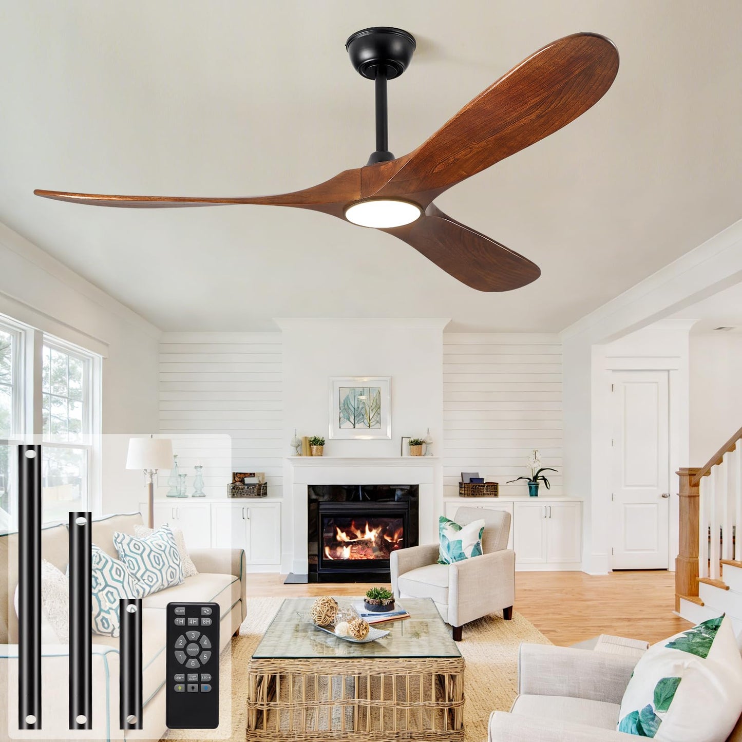 52" Ceiling Fan with Light and Remote, 6-Speed Dimmable Outdoor Ceiling Fan, High CFM Quiet 3 Blade Wood Ceiling Fan, Puoyro Modern Propeller Ceiling Fan for Outdoor Indoor Living Patio Porch (Walnut)