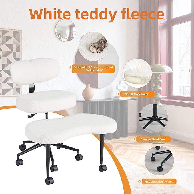 DUMOS Ergonomic ADHD Cross Legged Office Desk Chair with Adjustable Backrest, Height Adjustbale Meditation Chair with 360° Swivel Footstool, Teddy Fabric Yoga Stool for Home Office, White