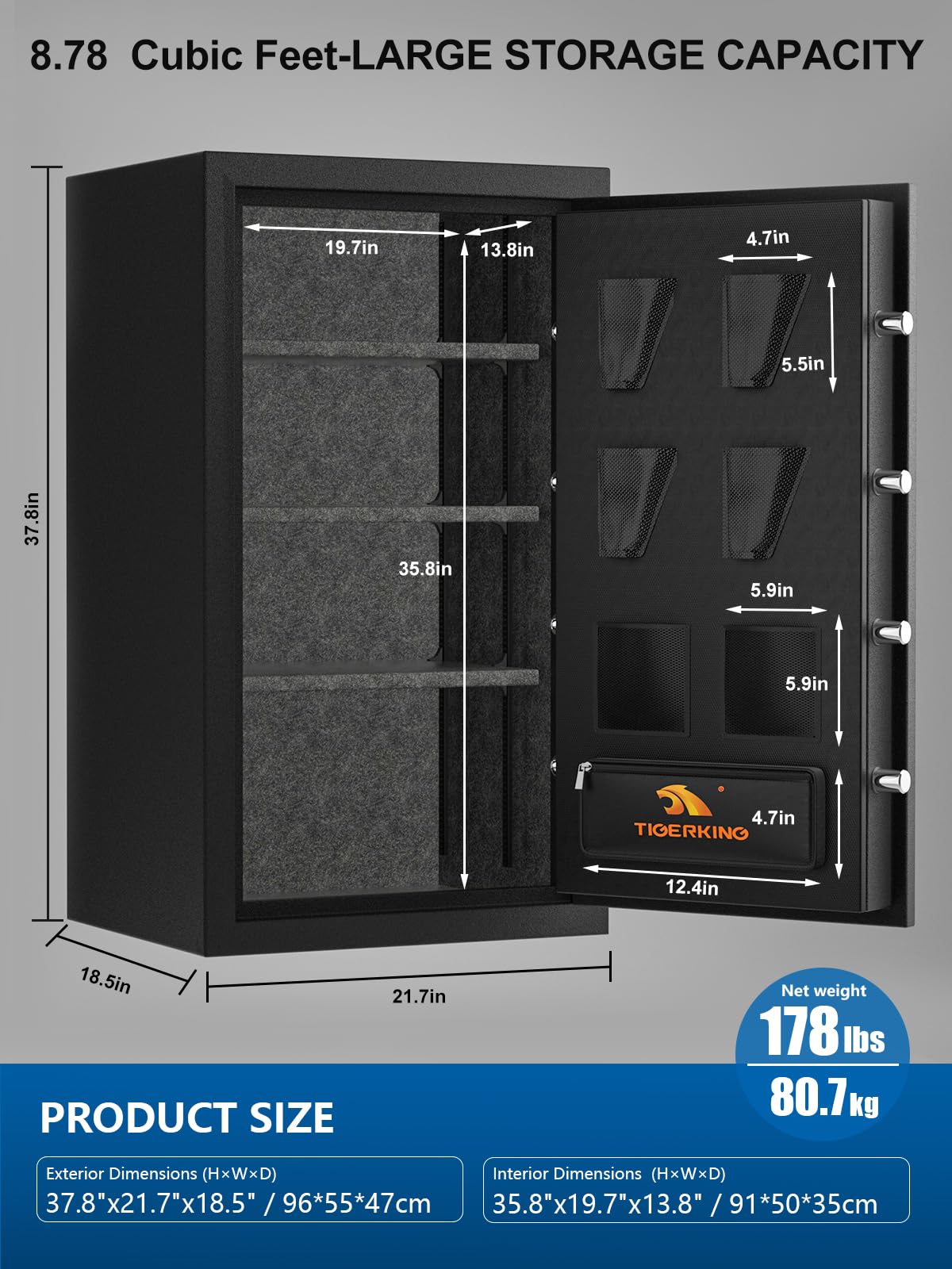 TIGERKING 8.78 Cu Ft Fireproof & Waterproof Safe for Home, Heavy-Duty Steel, 40-Min 1200°F Fire Protection, 72-Hr Water Protection, Easy-Access Keypad Lock, Door Organizer Pockets, Adjustable Shelves