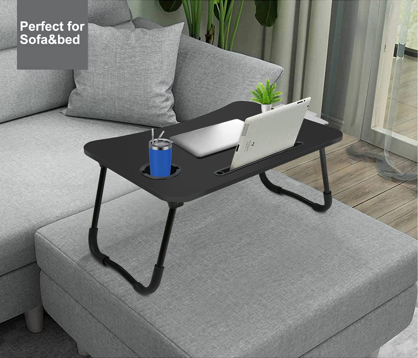 Fayquaze Portable Foldable Laptop Bed Desk with Storage Drawer and Cup Holder - Lap Desk Laptop Stand Tray Table for Eating, Reading and Working