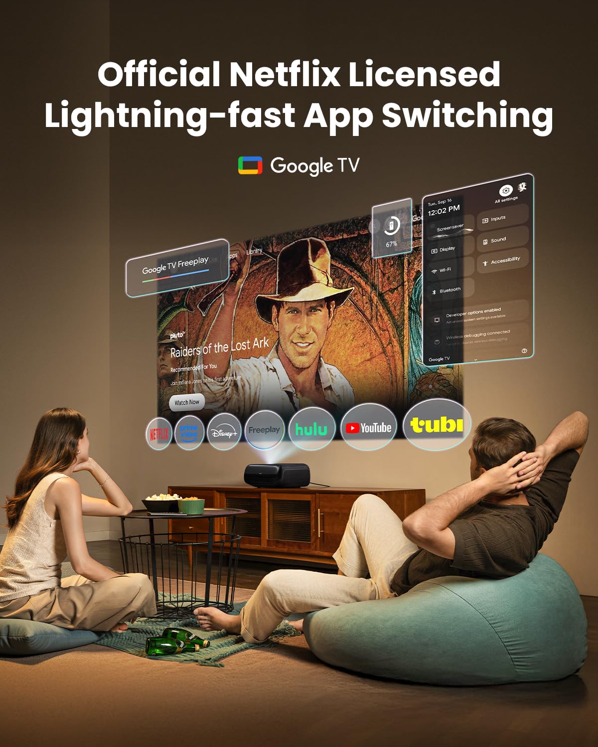 JMGO O2S Ultra UHD 4K Ultra Short Throw Projector, 3600 ISO Lumen Triple Laser Projector, Dolby Vision, 20W Dynaudio Integrated Speakers, Google TV, Dolby Atoms, DTS-X.