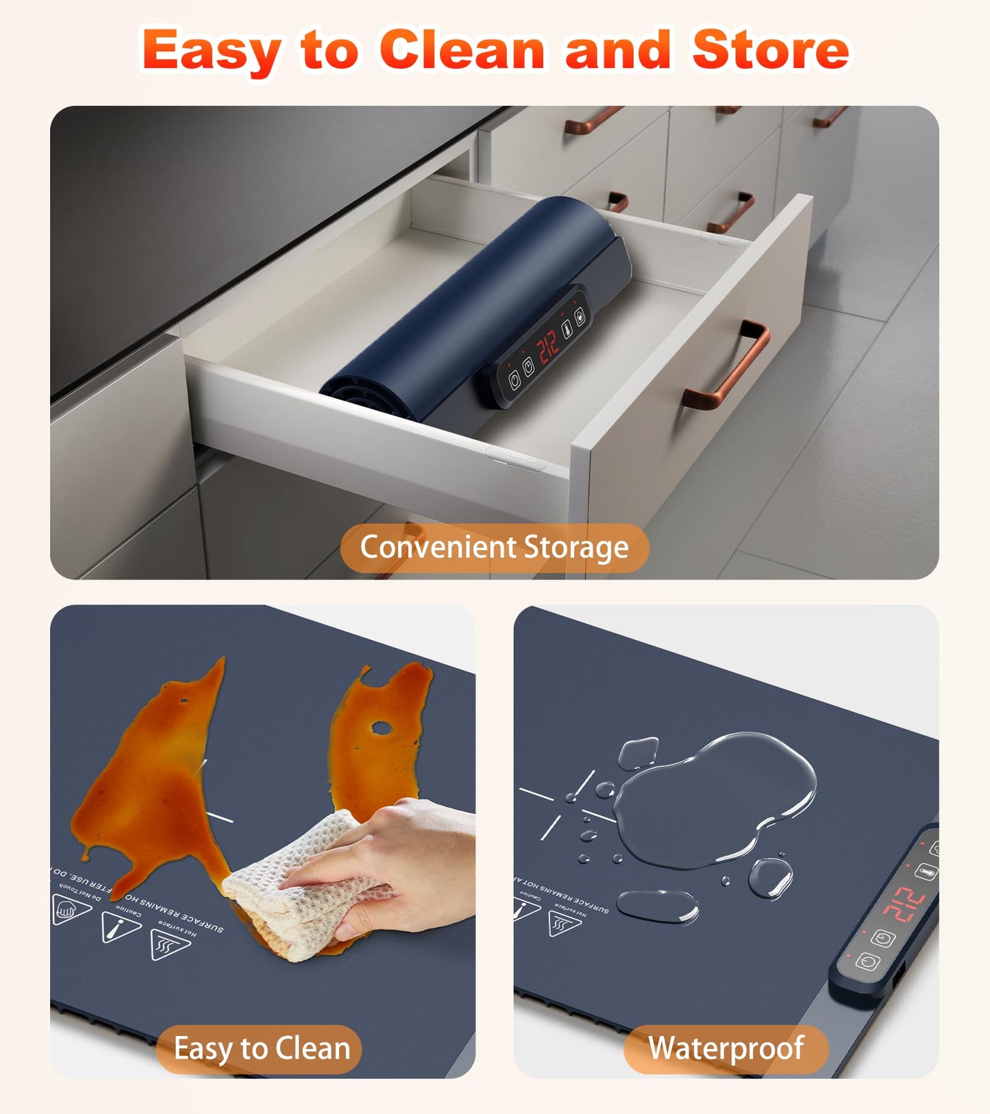 Warming Mat for Food, Food Warming Mat, 10-Second Rapid Heating Silicone Electric Tray, 5 Temperature Settings and 1-4 Hour Adjustable Timer, Foldable Portable Food Warmer, for Gatherings and Parties