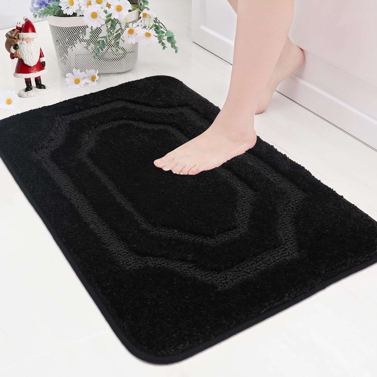 BEQHAUSE Bathroom-Rugs-Non-Slip-Bath-Mats for Bathroom Soft and Absorbent Polyester Microfiber Black Bath Mat Machine Washable Shaggy Shower Mat for Bathrooms, Bathtub and Sink,20" x32"
