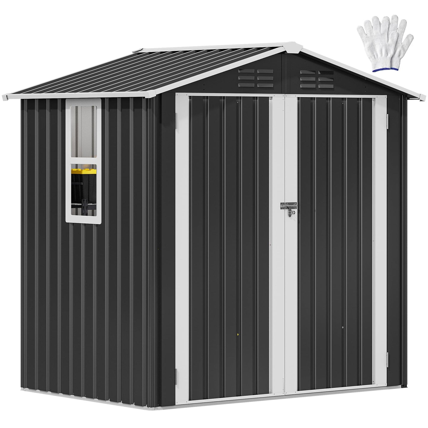 DWVO 6x4ft Outdoor Storage Shed with Window, Metal Lockable Metal Garden Shed with Sloped Roof for Tools, Bikes, Ideal for Backyard, Patio, Garage, Lawn (Gray + White)