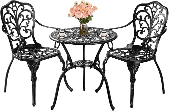 Withniture Bistro Set 3 Piece Outdoor Bistro Set, Cast Aluminum Bistro Table Set with Umbrella Hole, Anti Rust Bistro Table and Chairs Set of 2 for Front Porch, Balcony, Bronze