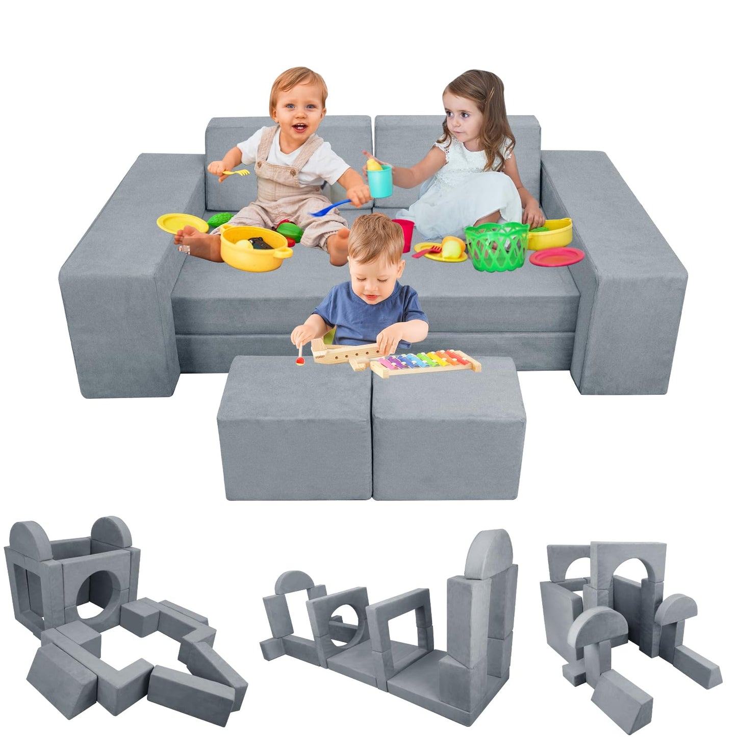 INFANZIA 16PCS Kids Play Couch, Modular Toddler Foam Sofa for Teens, Child Sectional Sofa Furniture for Playroom Bedroom, Couch Gift for Imaginative Boys and Girls
