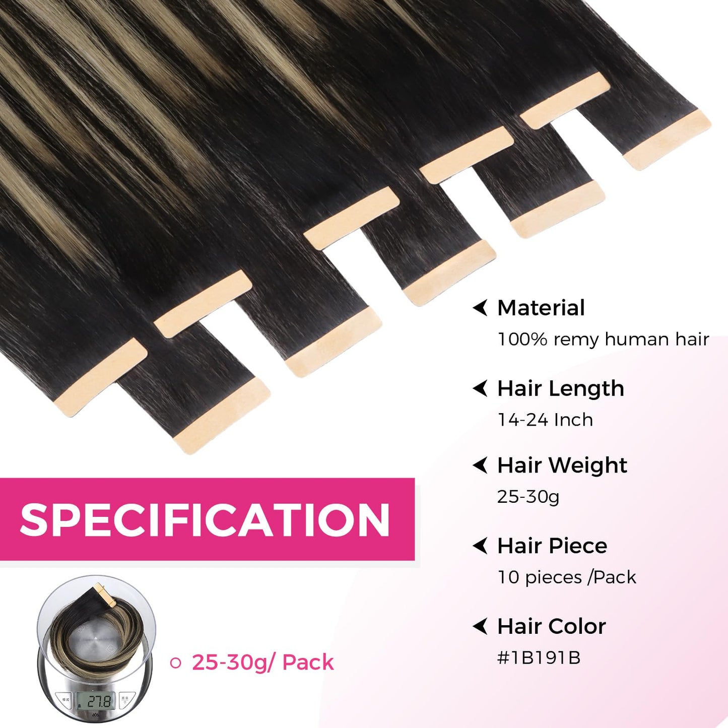 Lashey Tape in Hair Extensions 25g 10pcs 18 Inch Straight Balayage Natural Black to Light Blonde Highlighted Hair Extensions Tap