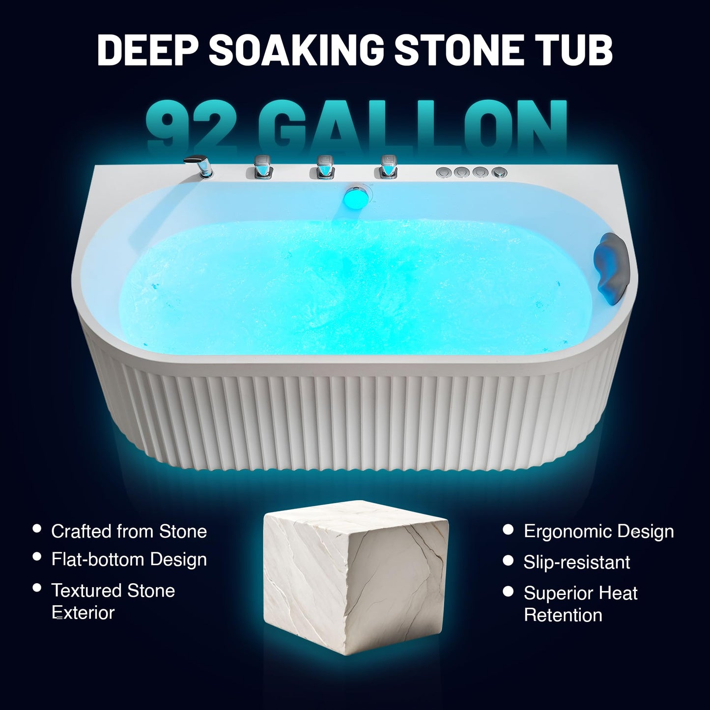 ANZZI Stone Bell 67" x 32" Freestanding Bathtub, Center Drain | Flat Bottom Tub with Air and Whirlpool Massage Jets, Lights, 5-Piece Faucet, 92 Gallon Free Standing Tub - White and Chrome