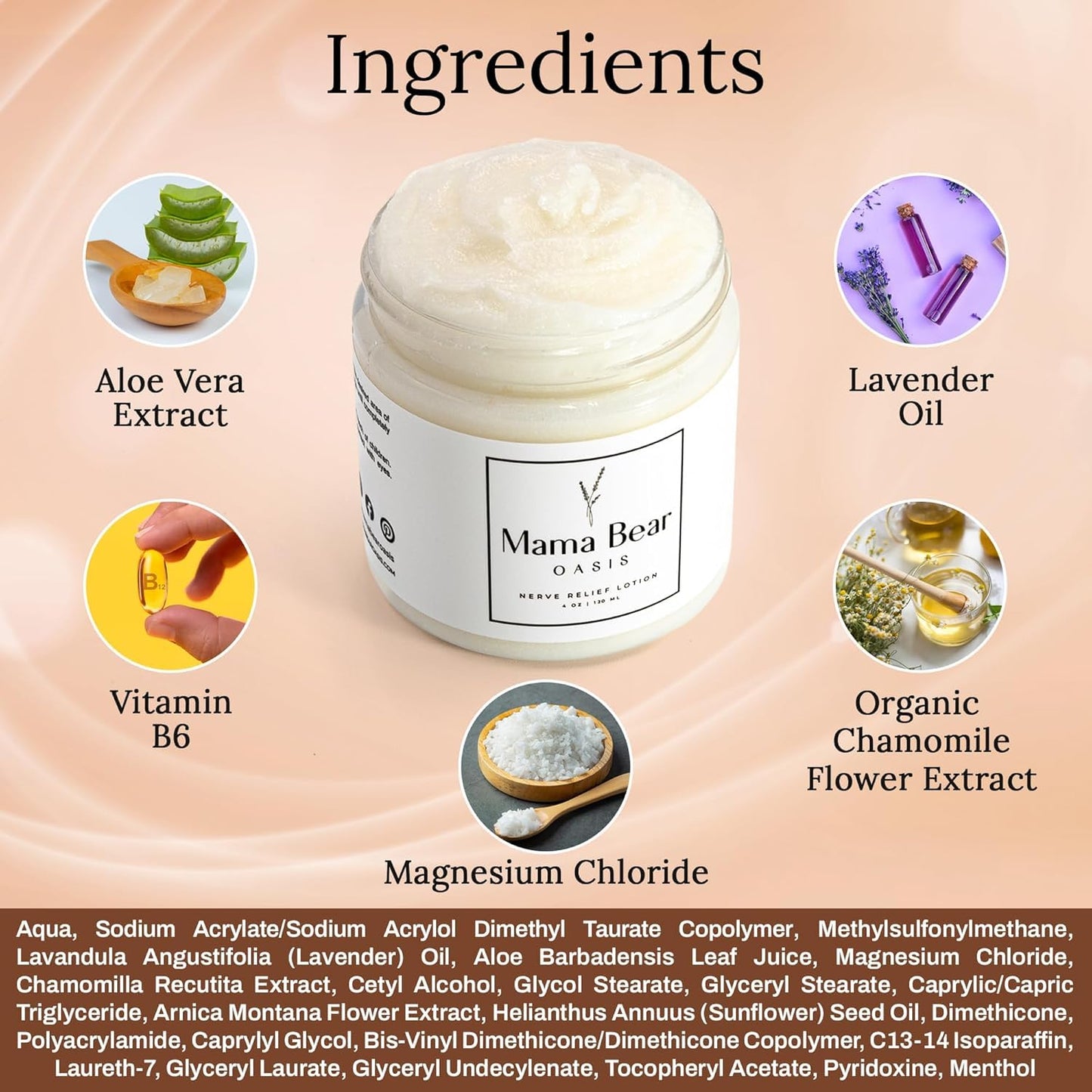 Mama Bear Oasis Lotion - Neuropathy Nerve Therapy & Relief Cream - Maximum Strength Relief Cream for Foot, Hands, Legs, Toes Includes Magnesium, Arnica, Vitamin B6, Aloe Vera, MSM (Pack of 6)