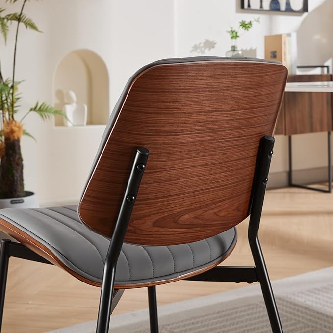 YaFiti Dining Chairs Set of 4, Mid Century Modern Accent Dining Room and Kitchen Chairs, Upholstered PU Leather Vertical Stripe Chairs for Vanity with Walnut Bentwood and Metal Legs, Gray