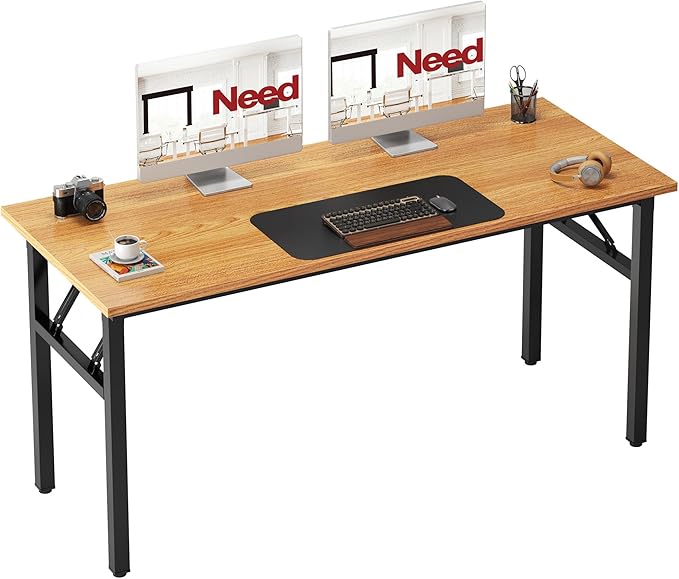 Need Office Computer Desk - 54.3L Sturdy and Heavy Duty Folding Laptop Table, Writing Table Home Office Desk, No Assembly Required Teak&Black