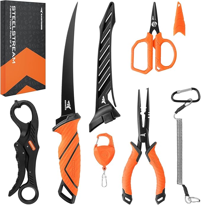 KastKing SteelStream 6pc Fishing Tool Kit - Corrosion Resistant Fishing Pliers with Lanyard, Fillet Knife, Floating Fish L...