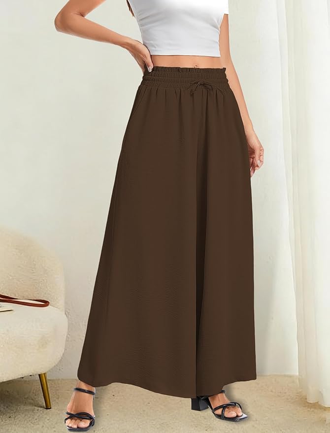 Women’s Wide Leg Pants Drawstring Elastic Waist Casual Trousers Lightweight Loose Lounge Pants with Pockets