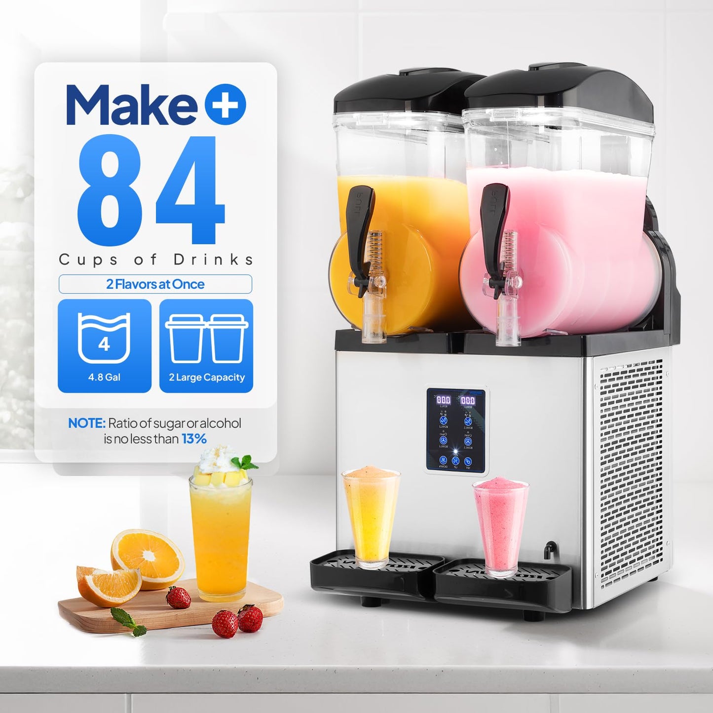 ROVSUN Commercial Slushy Machine, 15L X 2 Tanks Slushie Machine Frozen Drink Machine, 8 Gal/30L Margarita Machine Efficient Cooling Stainless Steel for Home Restaurant Bar Party Cafes 110V/60HZ