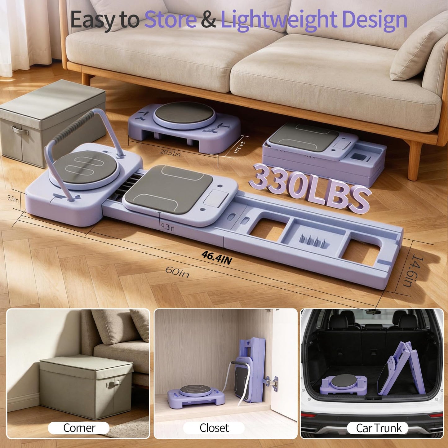 Lerpio Pilates Reformer Board with 3 Adjustable Resistance, 60'' Foldable & Portable Pilates Machine for Home Use, Tool-Free Assembly, Includes Storage Box and 3 Yoga Socks (Purple)