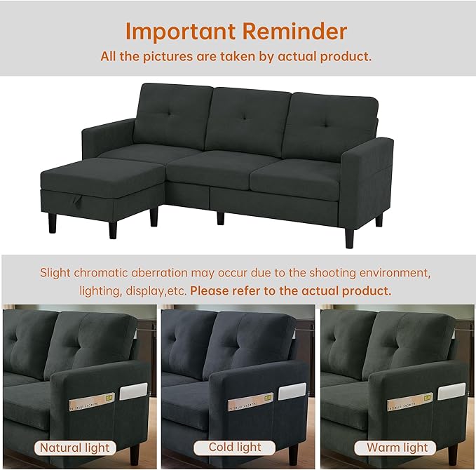 Pingliang Home Sectional Sofa Couches for Living Room, Modular 3 Seats Sectional Sofas L Shaped Couch with Storage and Reversible Chaise, Linen Fabric, 79" (Black)