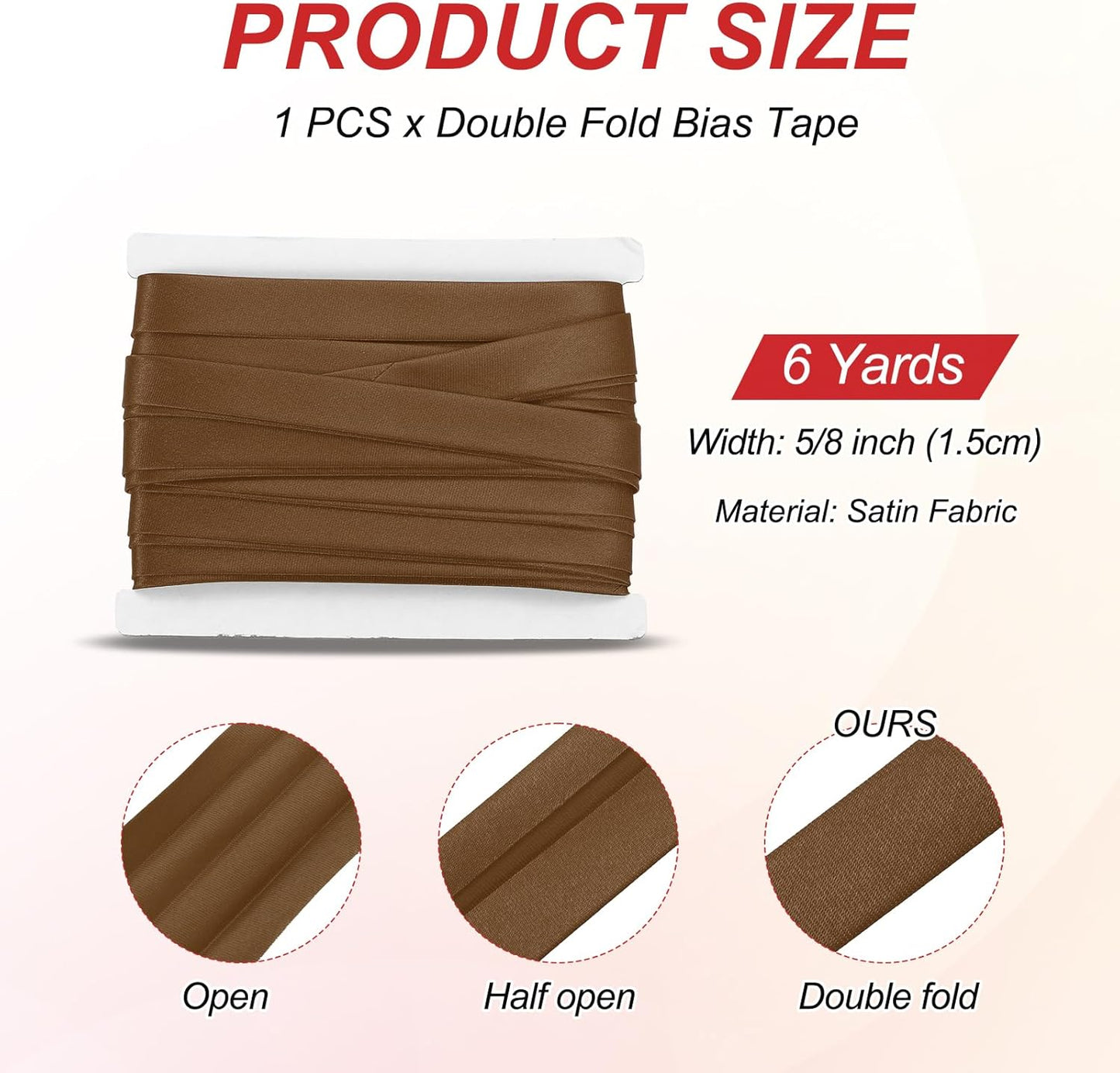 MECCANIXITY Double Fold Bias Tape for Sewing 5/8 Inch x 6 Yards Satin Pre-fold Continuous Binding Tape for Seaming Quilting Hemming Binding DIY Crafts, Coffee