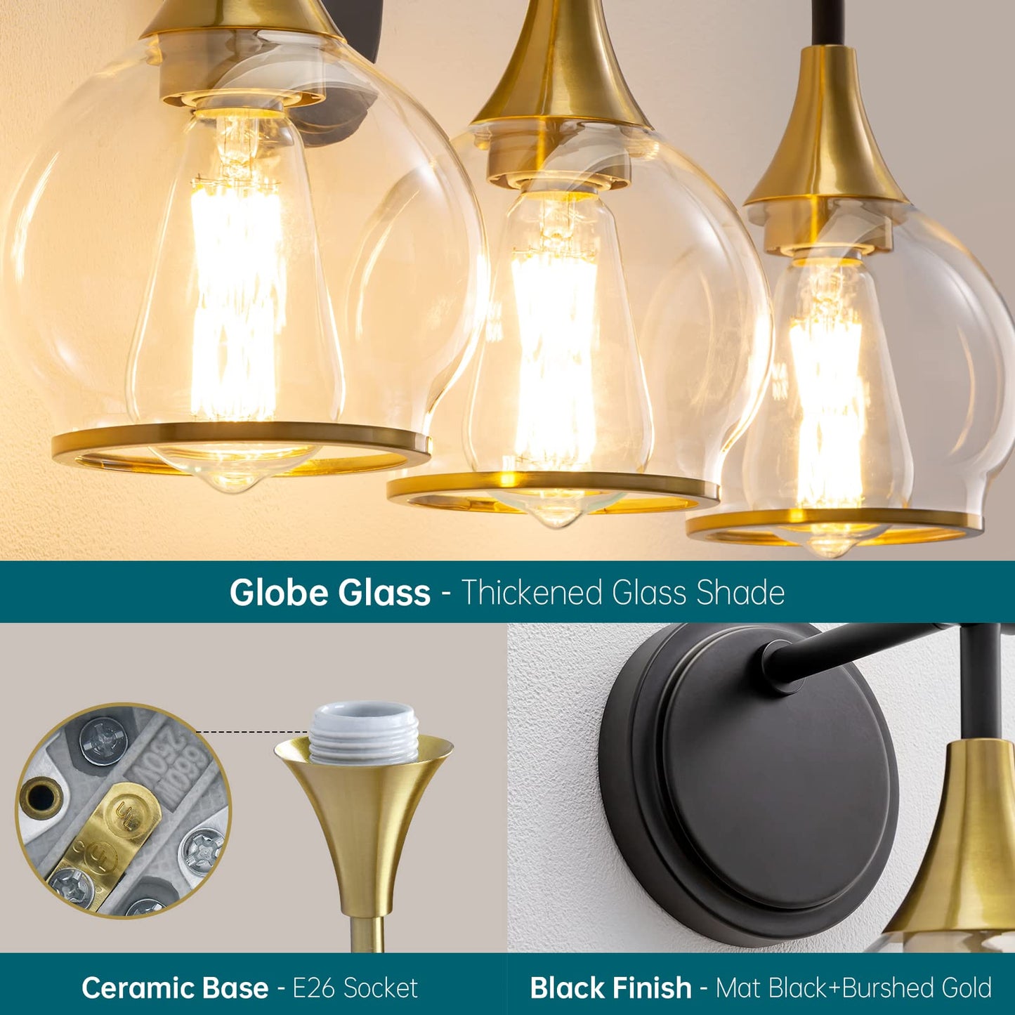 HAHZT Black and Gold Bathroom Vanity Light 3-Lights Bathroom Light Fixtures Over Mirror with Clear Glass Shade 22.4 inch Wall Sconce Lighting Bath(Exclude E26 Bulb)