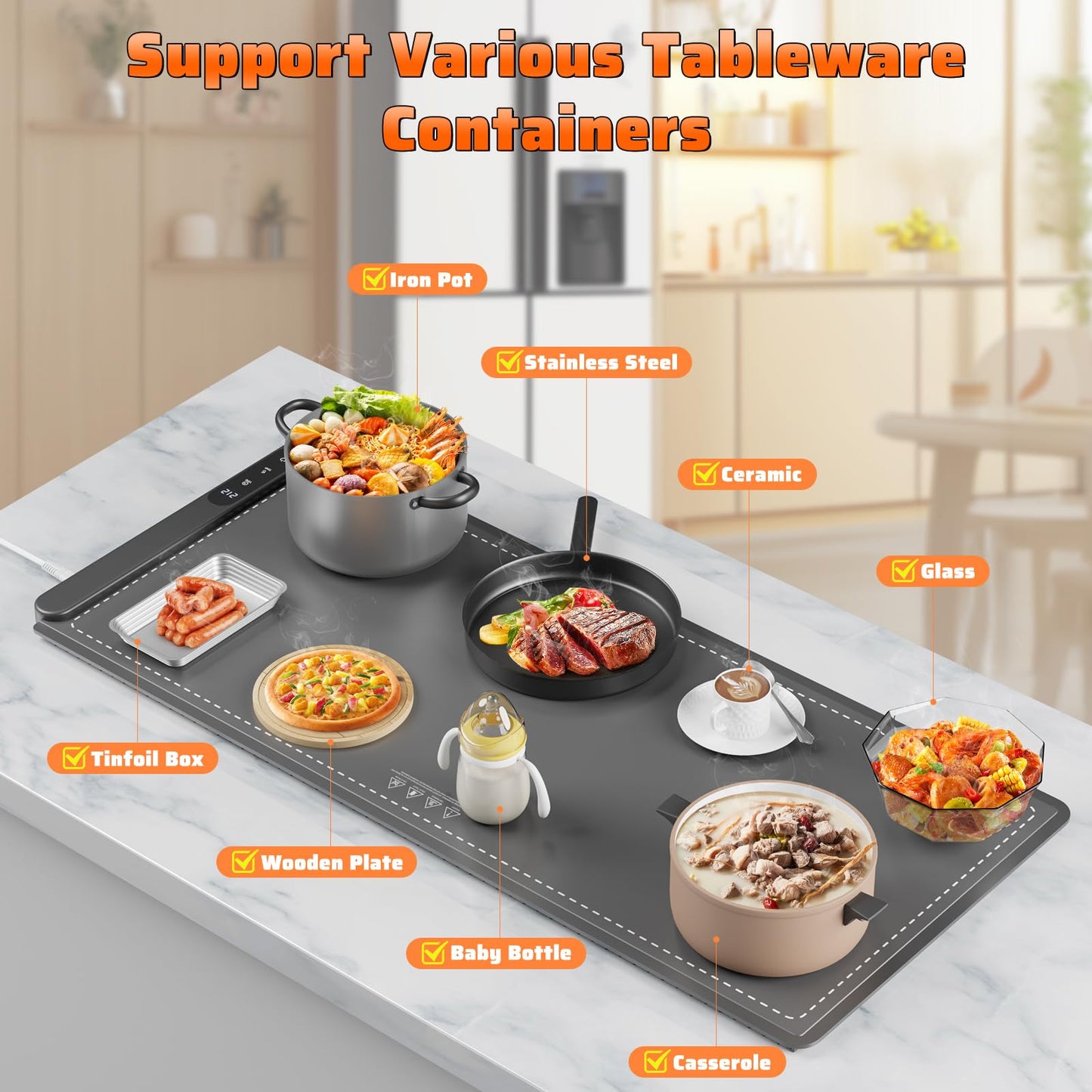 HYEDSM Fast Heating Warming Mat for Food, XL 36"x16", Electric Food Warmer with 6 Level Adjustable Temperature and 6 Hours Timer, Full-Surface Portable Warming Pad Trays for Buffets Party