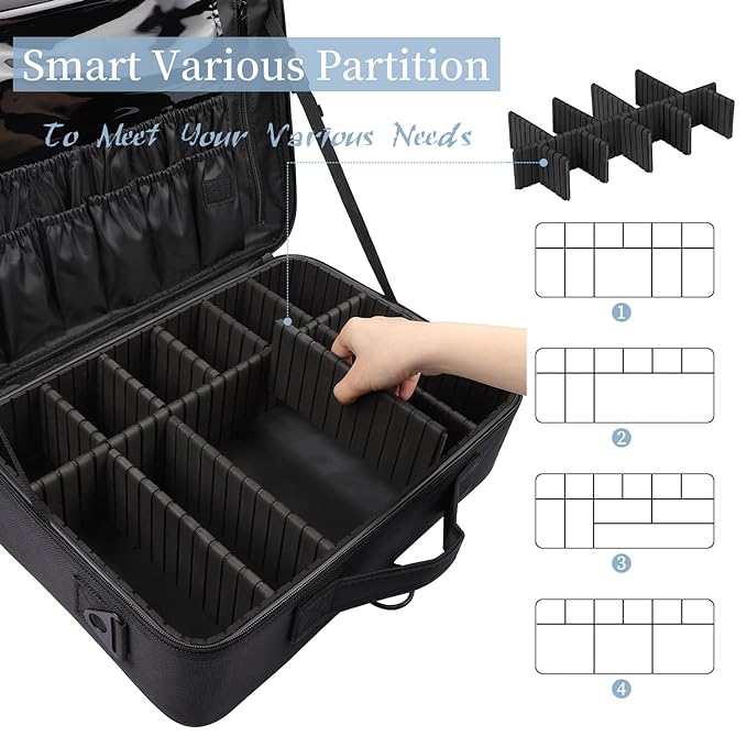 gzcz Large Capacity Travel Makeup Train Case,Professional Cosmetic Bags for Women,Portable Makeup Brush Bag Organizer Storage with Adjustable Dividers and Shoulder Strap