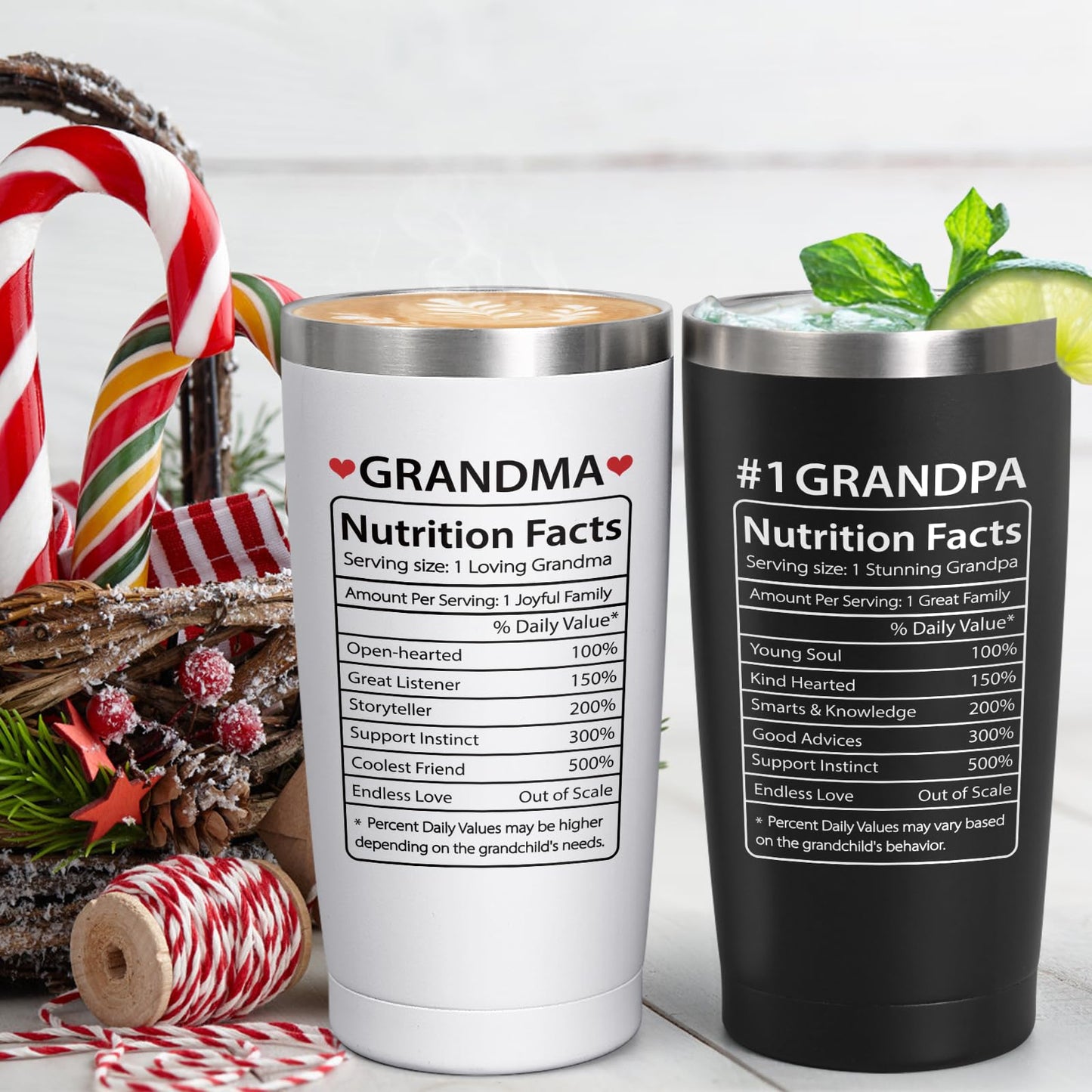 Lifecapido Gifts for Grandparents, Nutrition Facts Grandma Grandpa Tumbler Set, Grandma and Grandpa Christmas Birthday Mothers Day Fathers Day Announcement Gifts for Grandparents, 20oz