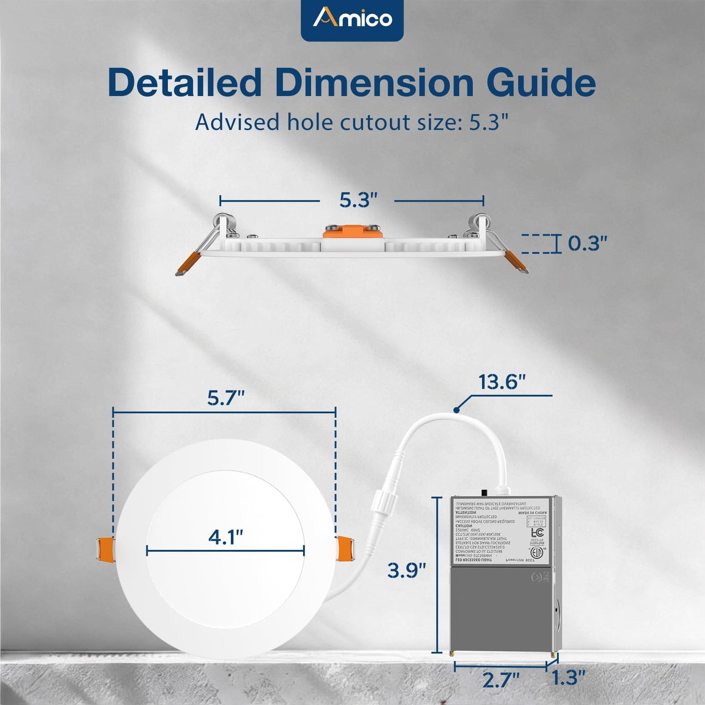 Amico 6 Pack 5 Inch 5CCT Ultra-Thin LED Canless Recessed Ceiling Light with Junction Box, 2700K/3000K/3500K/4000K/5000K Selectable, 11W=75W, 900LM High Brightness, Dimmable Wafer Downlight-ETL&FCC