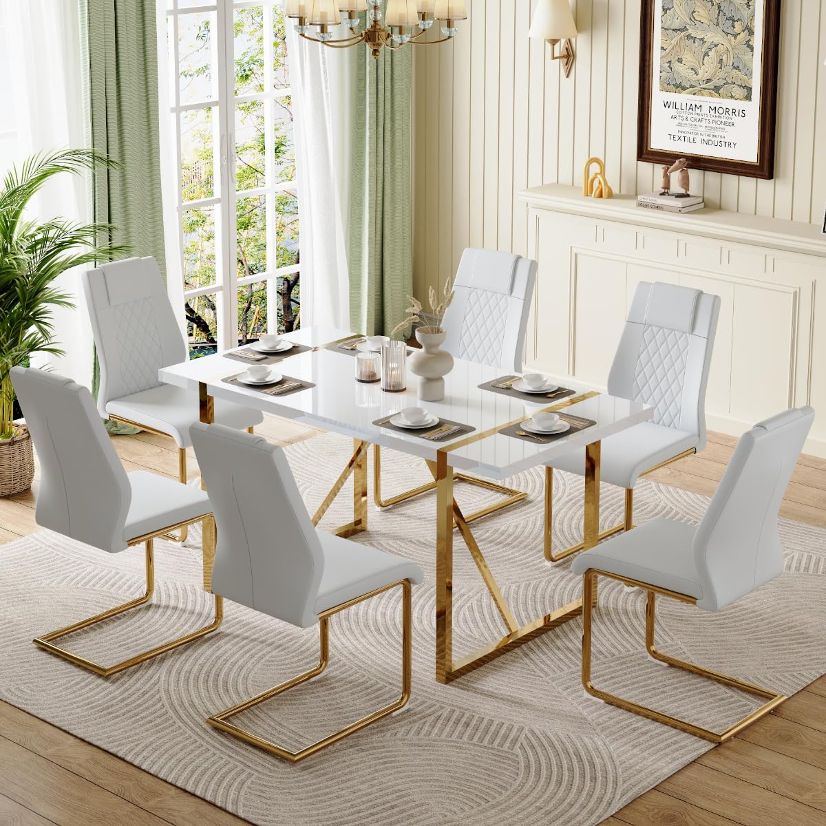 gopop Dining Table Set for 6, Kitchen Table Chairs Set of 6, 55" White High-Gloss Lacquered Tabletop & Electroplated Metal Frame, Modern Kitchen Tables with 6 Chairs for Dining Room