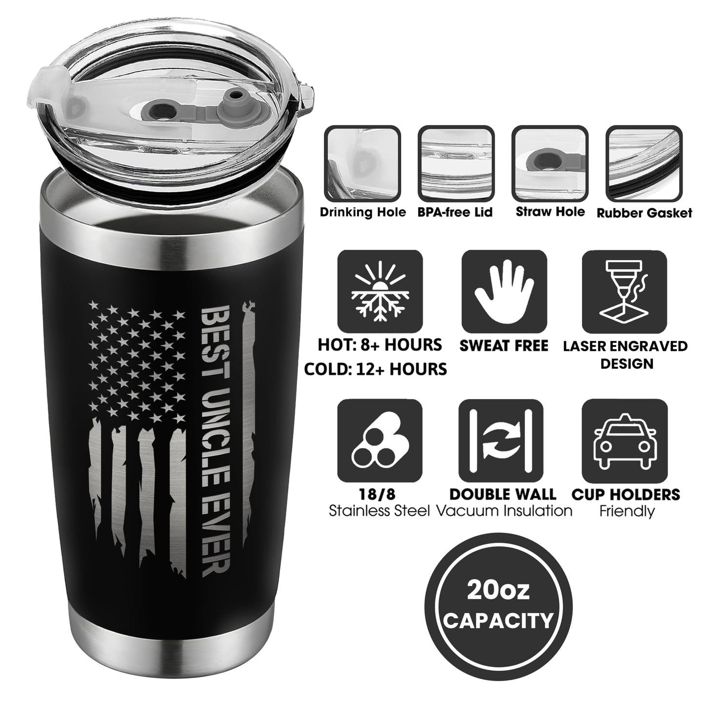 KATLADIZ Gifts for Uncle from Niece, Nephew - Uncle Gifts - Fathers Day Gift - Father's Day, Birthday, Christmas Funny Gift for Men Him from Niece, Nephew, Kids - 20 Oz Stainless Steel Coffee Tumbler