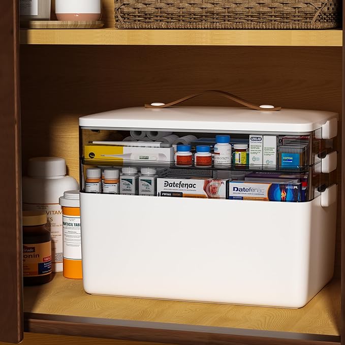 JOYBOS 3-Tier Medicine Storage Box Cabinet, Empty First Aid Kit Portable Medical Supply Organizer with Leather Handle for ...