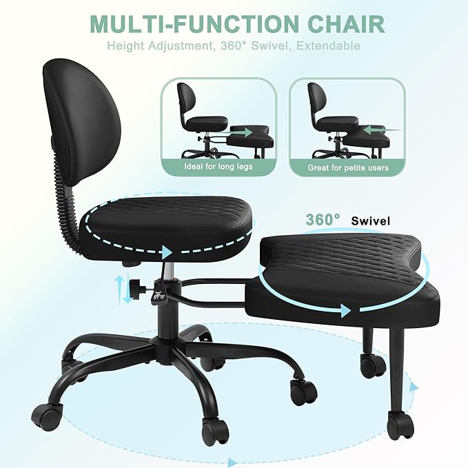 GUNJI Ergonomic Criss Cross Legged Office Chair, 360° Swivel Meditation Kneeling Chair with Wheels, ADHD Chair with Footrest, Lumbar Support, Wider Height Adjustable Seat (Faux Leather, Black)
