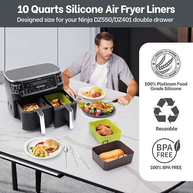 Air Fryer Silicone Liners 10QT For Ninja DZ550/DZ401, 2 Pack BPA Free Platinum Silicone Air Fryer Basket Liner with Handle, Rectangle Dual Basket Air Liners, Upgraded