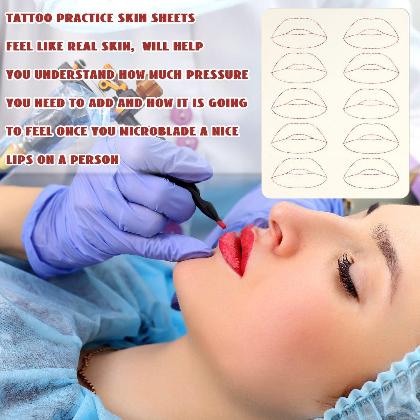 Maitys 5 Sheets Lip Tattoo Practice Skin Lip Blushing Practice Skin for Machine Supplies Makeup(Red)